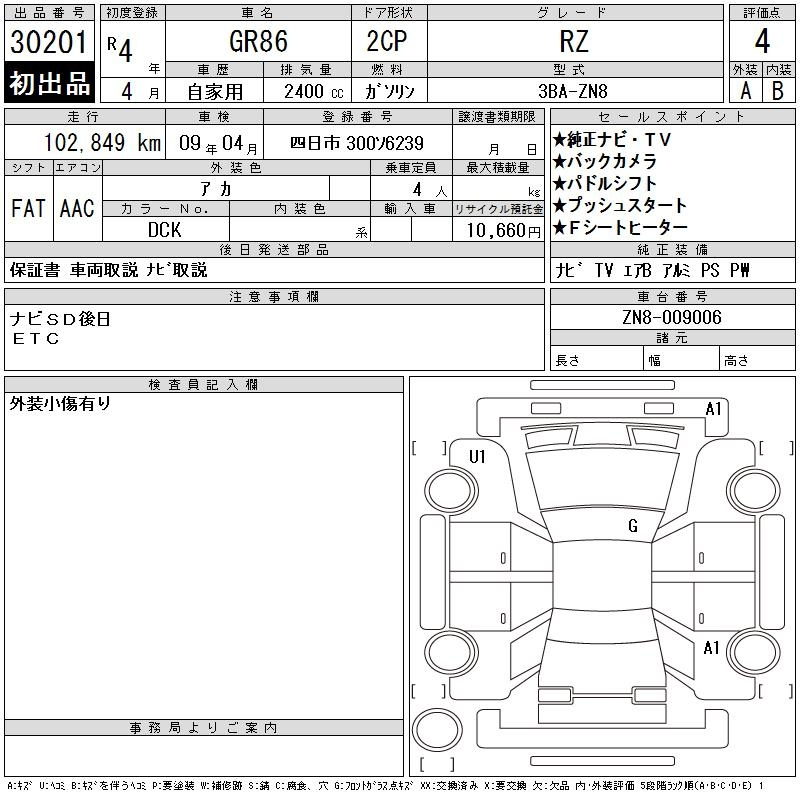 Аукционный лист TOYOTA 86 2022
