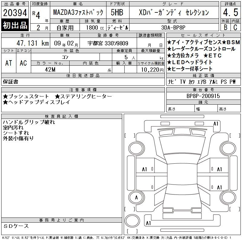Аукционный лист MAZDA MAZDA3 2022
