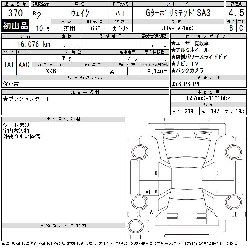 Аукционный лист DAIHATSU WAKE 2020