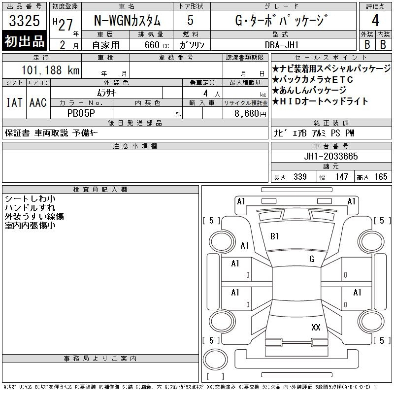 Аукционный лист HONDA N WGN 2015