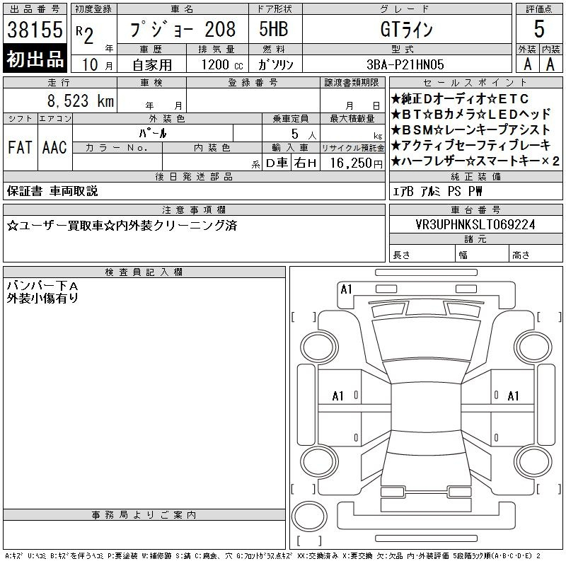 Аукционный лист PEUGEOT 208 2020