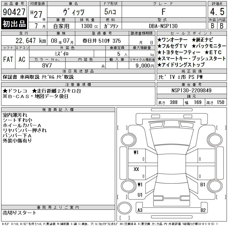 Аукционный лист TOYOTA VITZ 2015