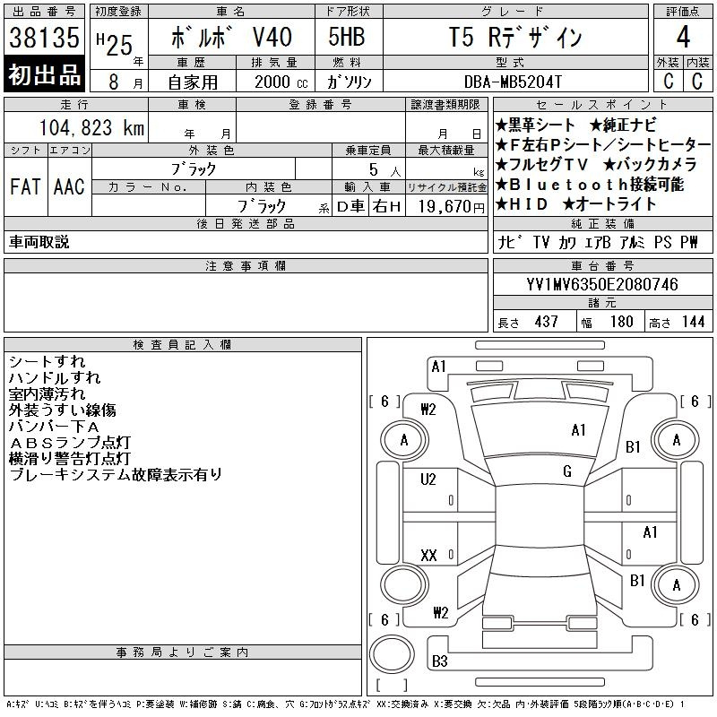 Аукционный лист VOLVO V40 2013