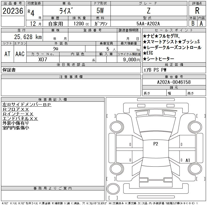 Аукционный лист TOYOTA RAIZE 2022