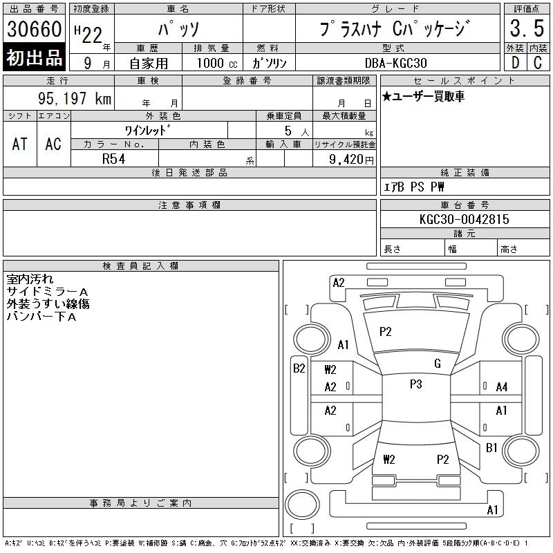 Аукционный лист TOYOTA PASSO 2010