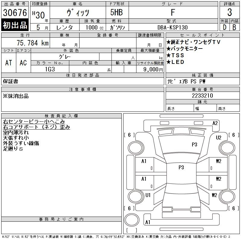 Аукционный лист TOYOTA VITZ 2018