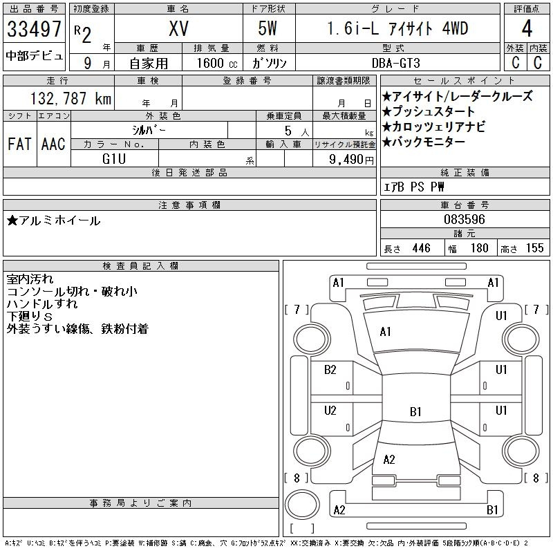 Аукционный лист SUBARU XV 2020