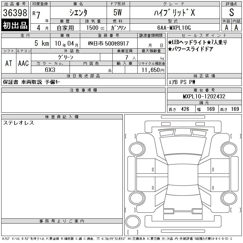Аукционный лист TOYOTA SIENTA 2025