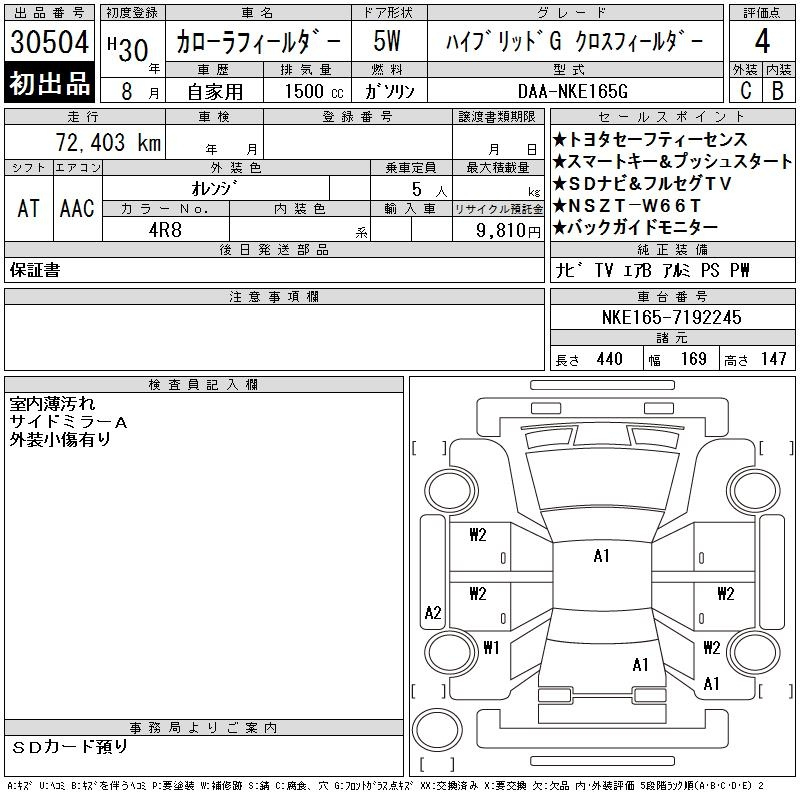 Аукционный лист TOYOTA COROLLA FIELDER 2018