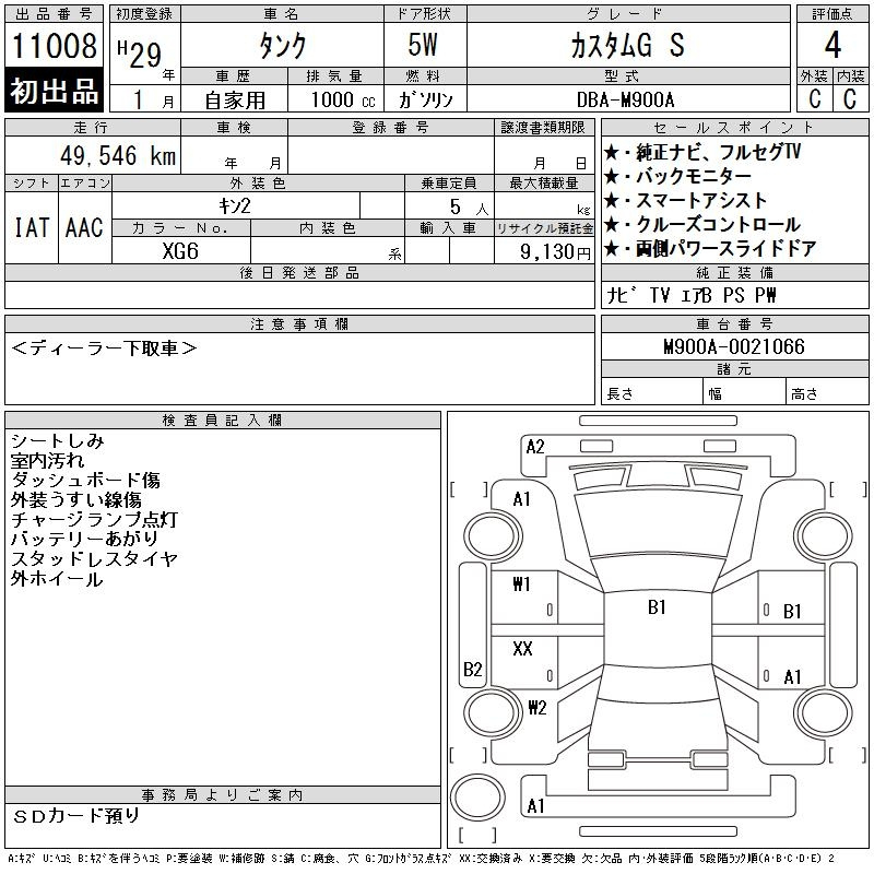 Аукционный лист TOYOTA TANK 2017