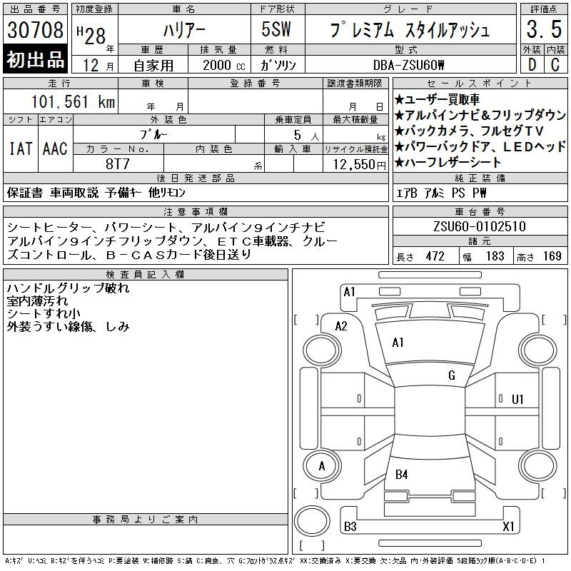Аукционный лист TOYOTA HARRIER 2016