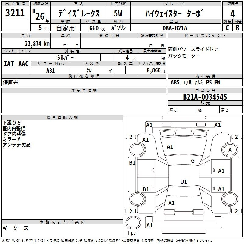 Аукционный лист NISSAN DAYZ ROOX 2014