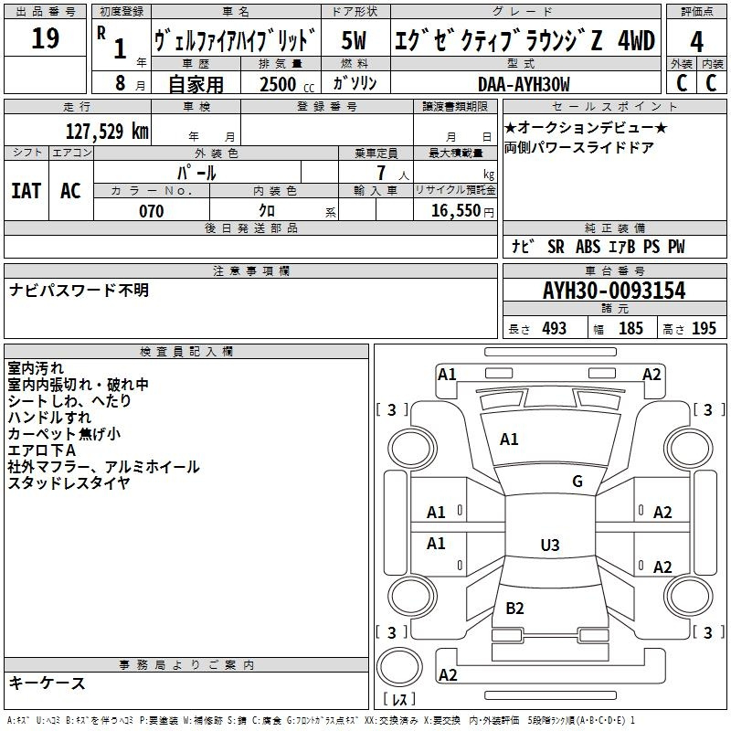 Аукционный лист TOYOTA VELLFIRE 2019