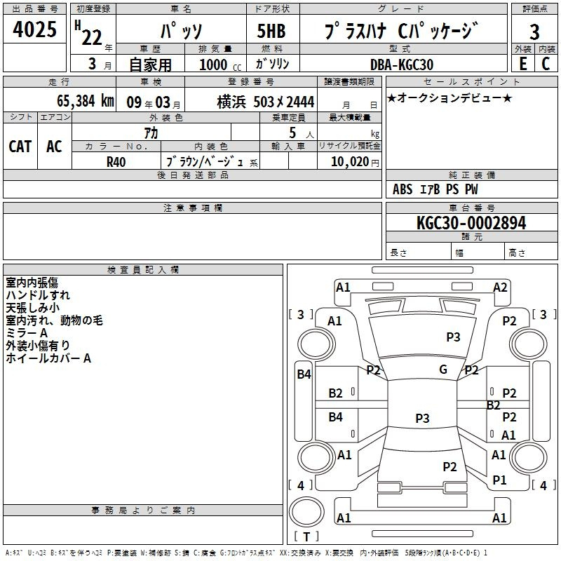 Аукционный лист TOYOTA PASSO 2010