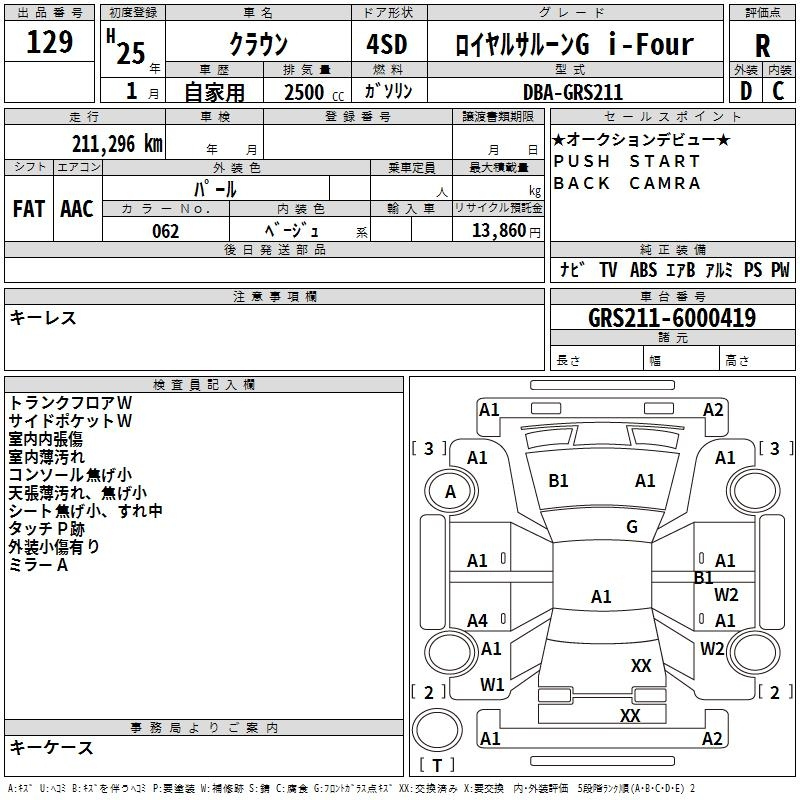 Аукционный лист TOYOTA CROWN 2013