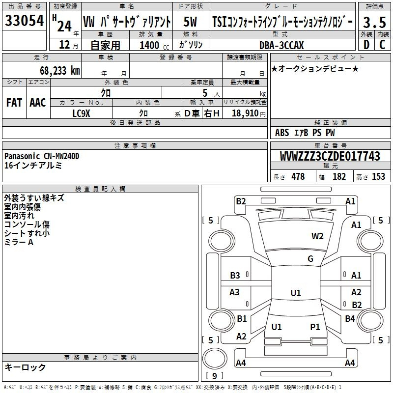 Аукционный лист VOLKSWAGEN PASSAT VARIANT 2012
