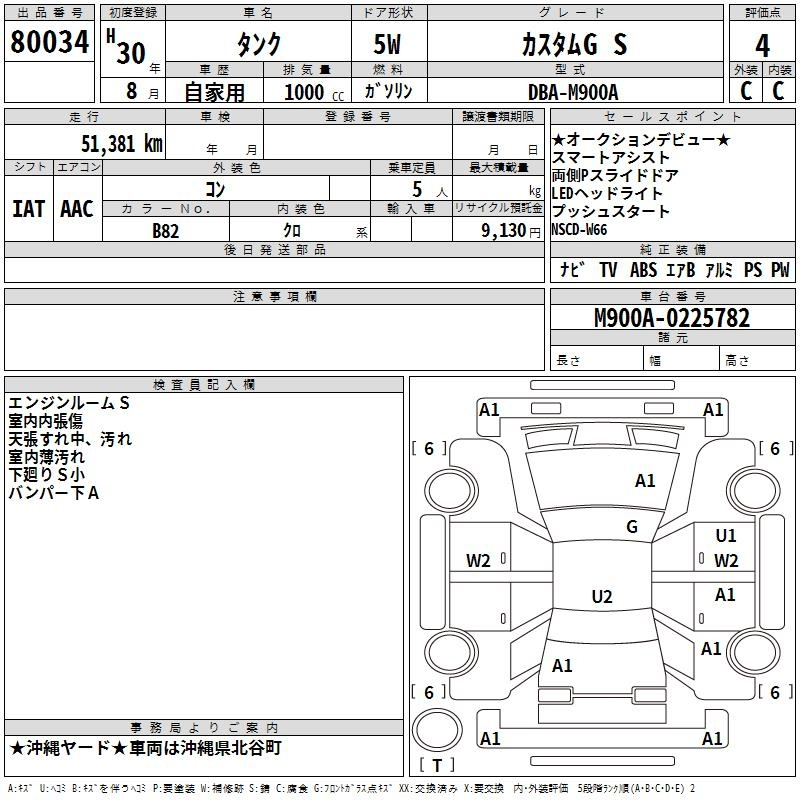 Аукционный лист TOYOTA TANK 2018