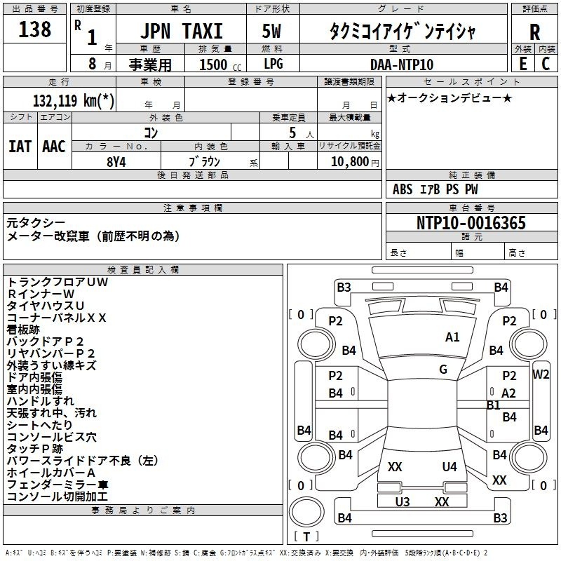 Аукционный лист TOYOTA JPN TAXI 2019