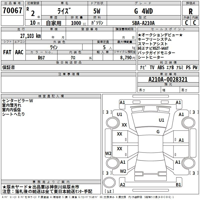Аукционный лист TOYOTA RAIZE 2020