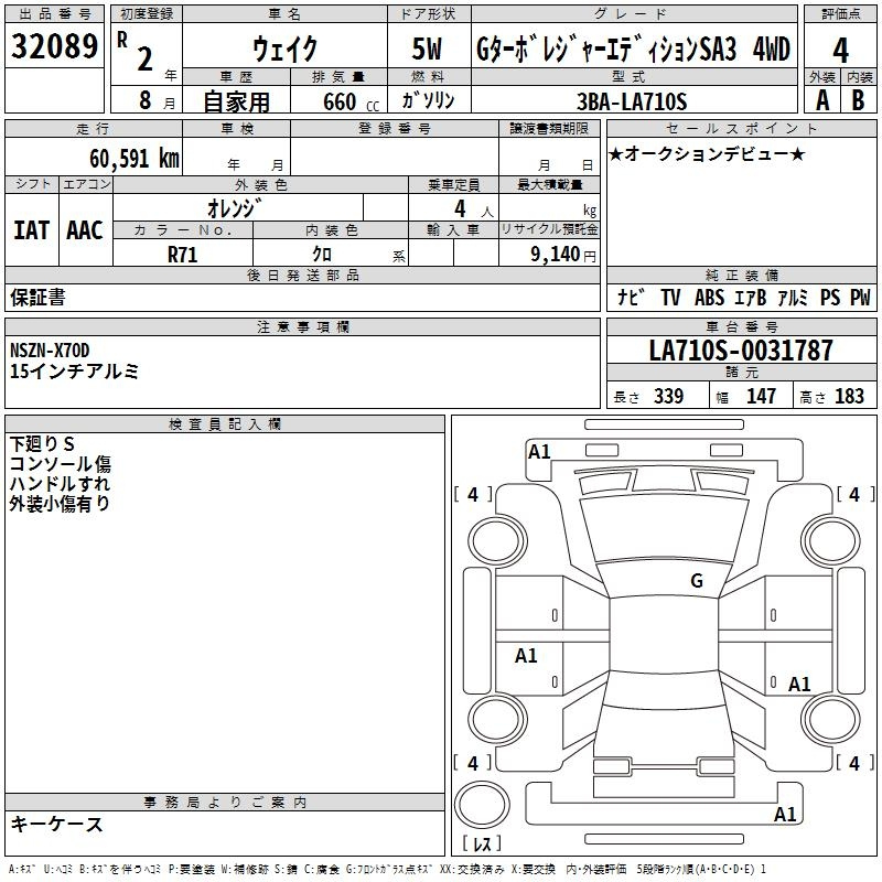 Аукционный лист DAIHATSU WAKE 2020