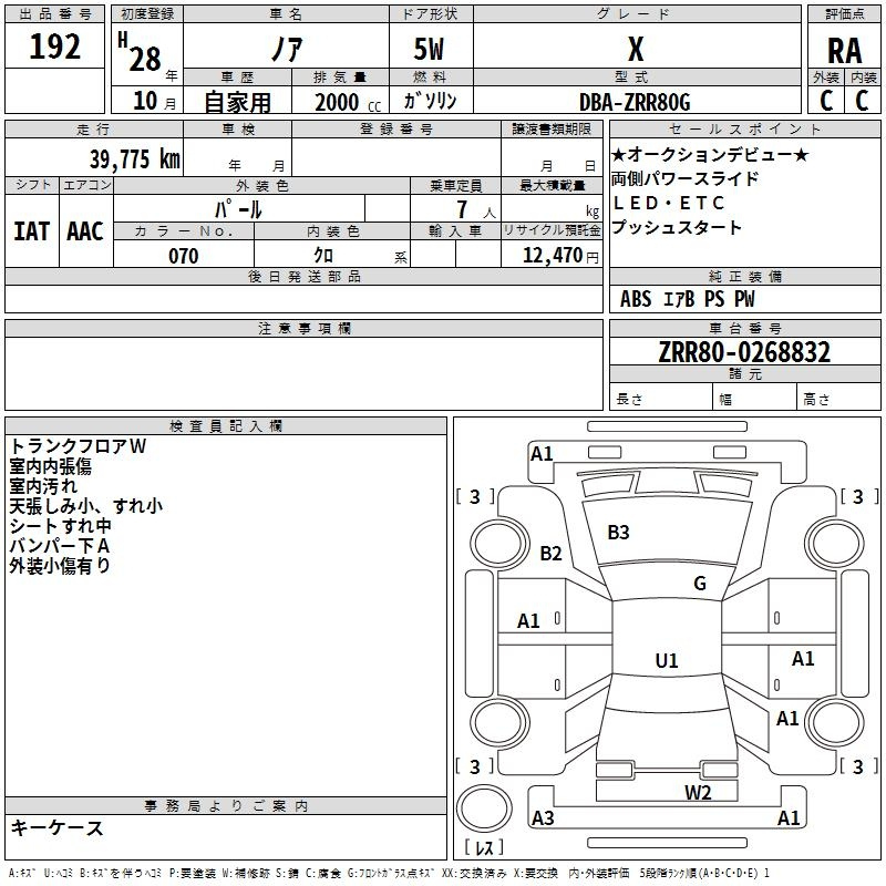 Аукционный лист TOYOTA NOAH 2016
