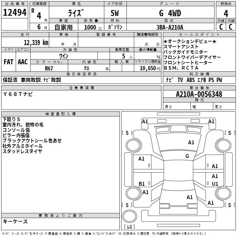 Аукционный лист TOYOTA RAIZE 2022