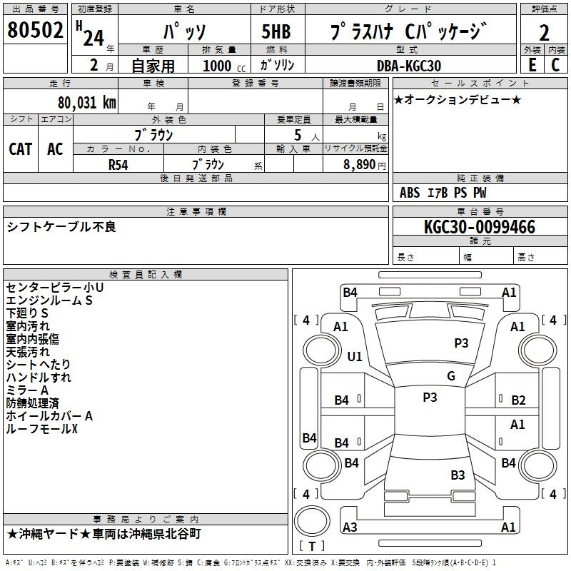 Аукционный лист TOYOTA PASSO 2012
