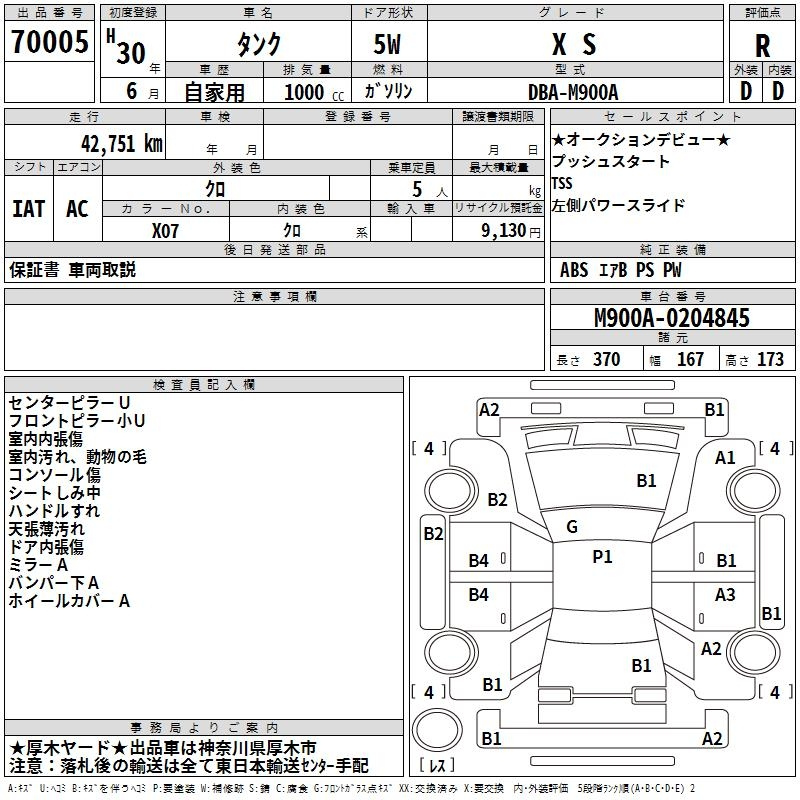 Аукционный лист TOYOTA TANK 2018