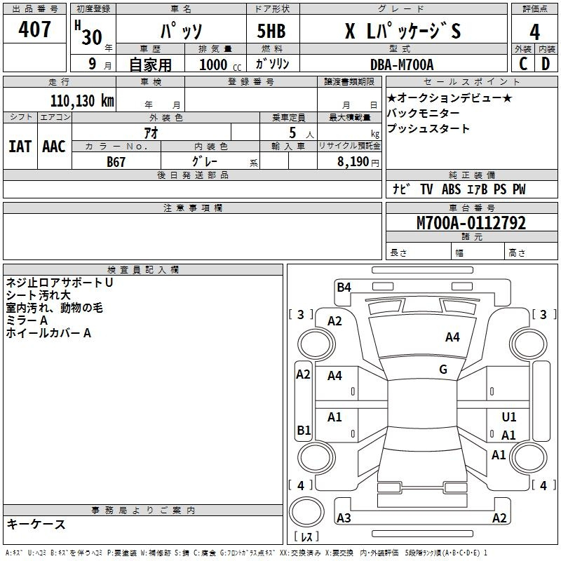 Аукционный лист TOYOTA PASSO 2018