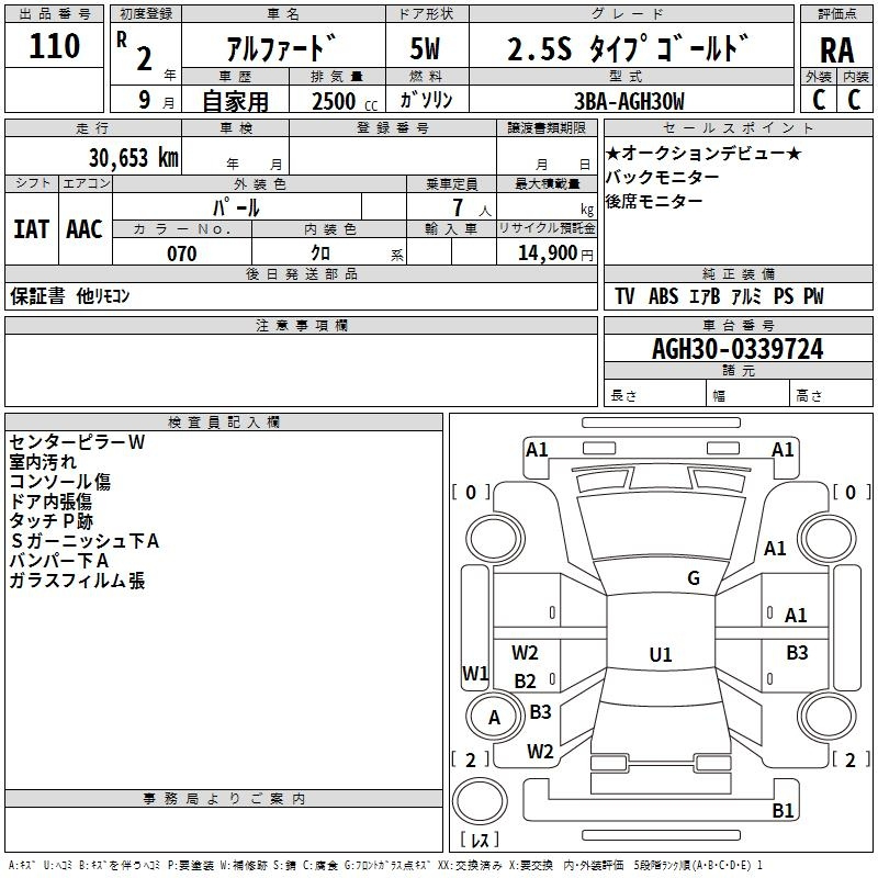 Аукционный лист TOYOTA ALPHARD 2020