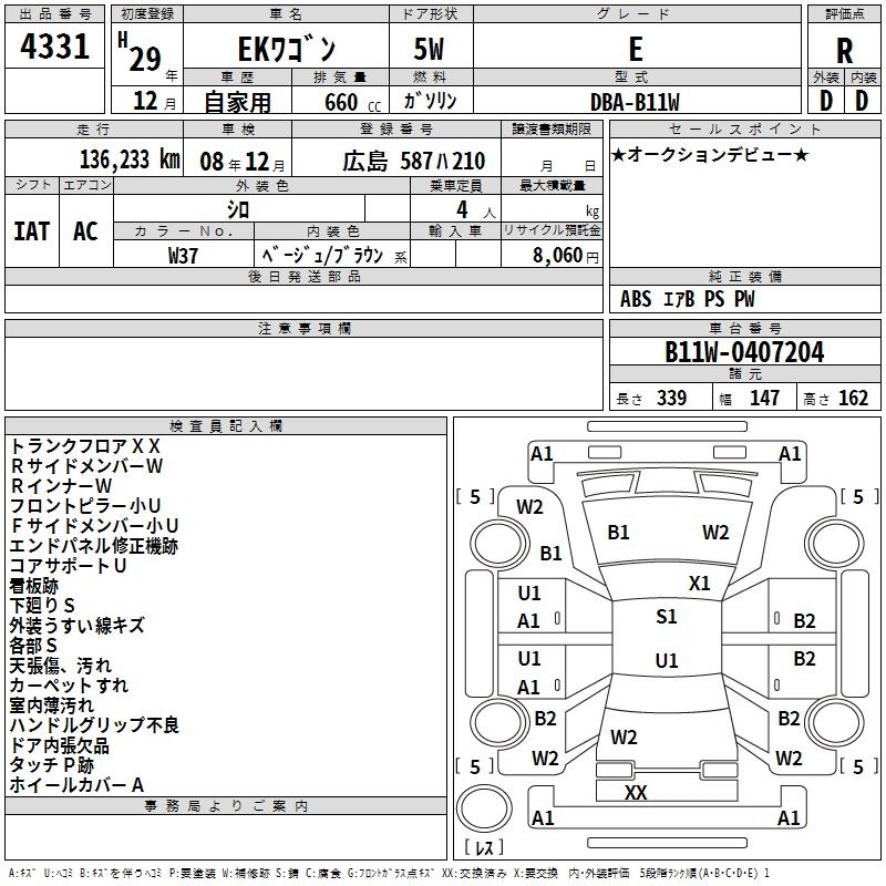 Аукционный лист MITSUBISHI EK WAGON 2017