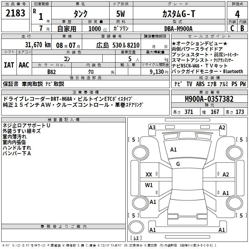 Аукционный лист TOYOTA TANK 2019