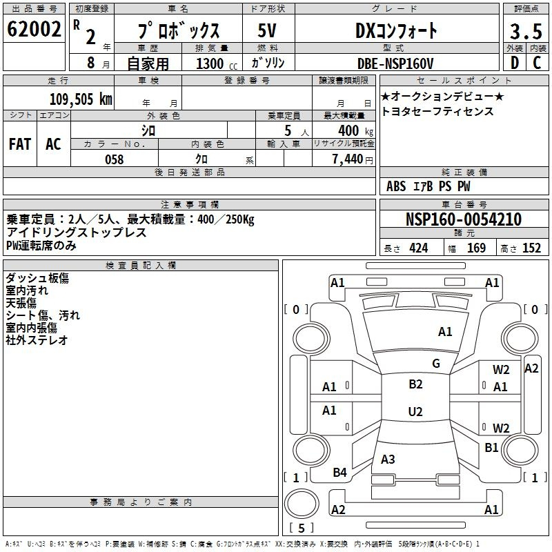 Аукционный лист TOYOTA PROBOX 2020