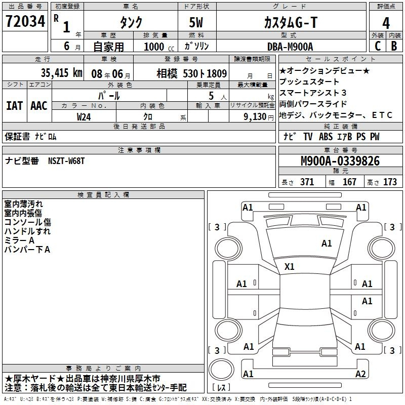 Аукционный лист TOYOTA TANK 2019