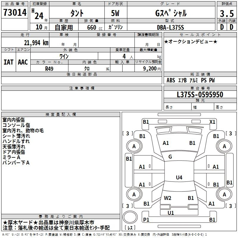 Аукционный лист DAIHATSU TANTO 2012