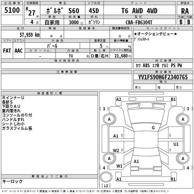 Аукционный лист VOLVO S60 2015