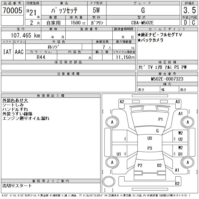 Аукционный лист TOYOTA PASSO SETTE 2009
