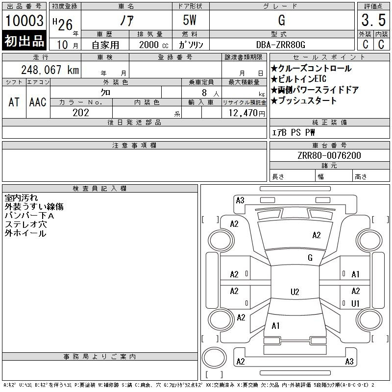 Аукционный лист TOYOTA NOAH 2014