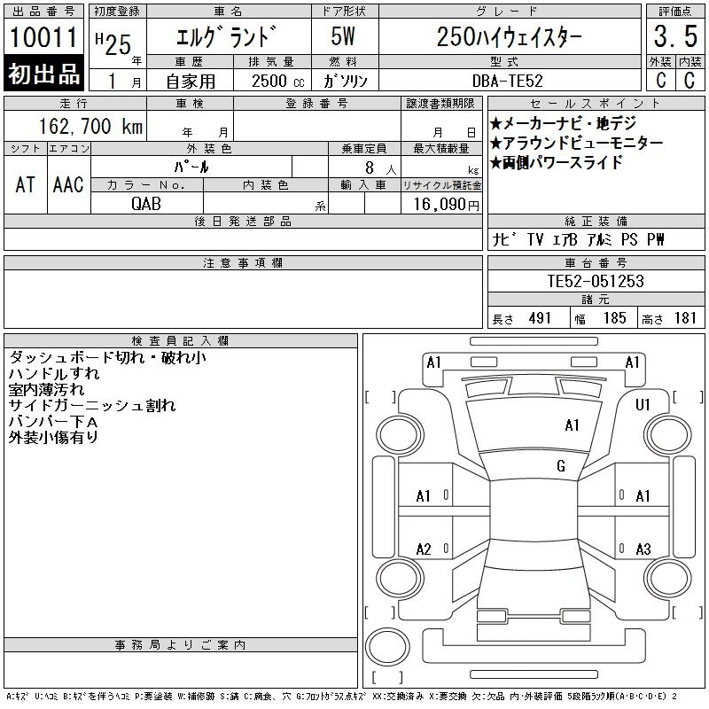 Аукционный лист NISSAN ELGRAND 2013