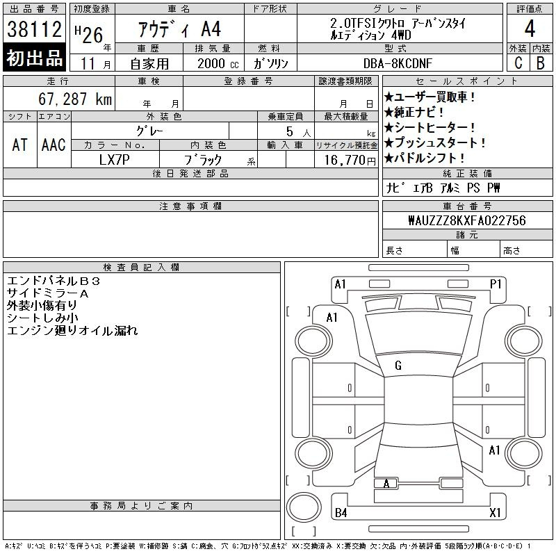 Аукционный лист AUDI A4 2014