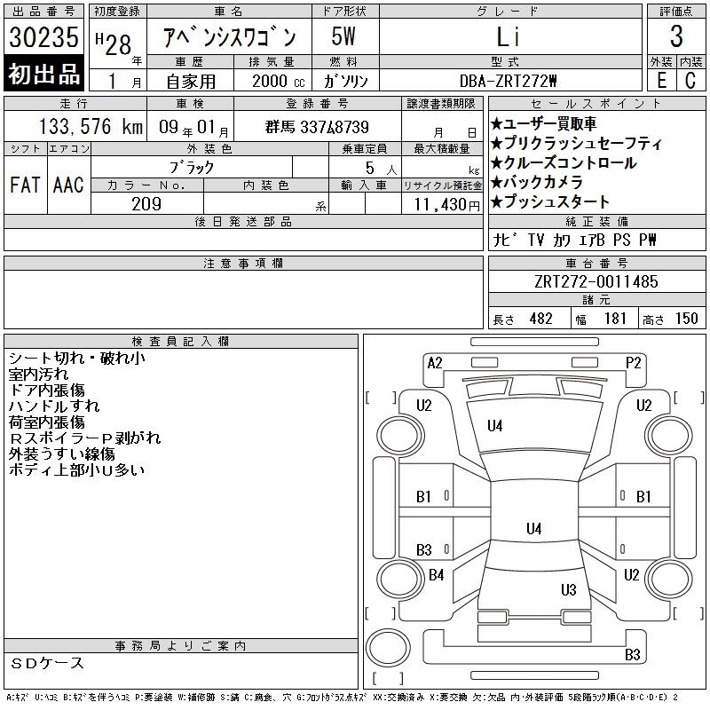 Аукционный лист TOYOTA AVENSIS WAGON 2016