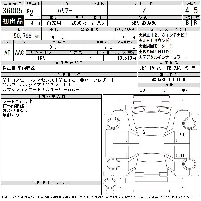 Аукционный лист TOYOTA HARRIER 2020