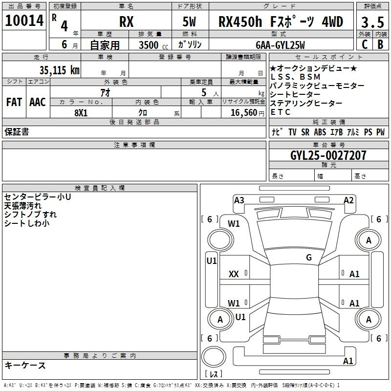 Аукционный лист LEXUS RX 2022
