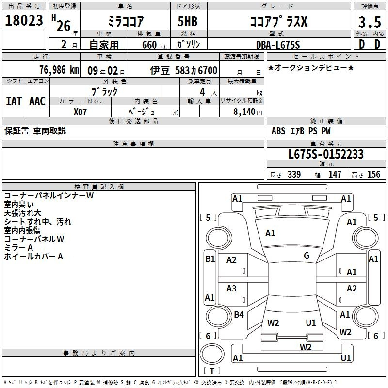 Аукционный лист DAIHATSU MIRA 2014