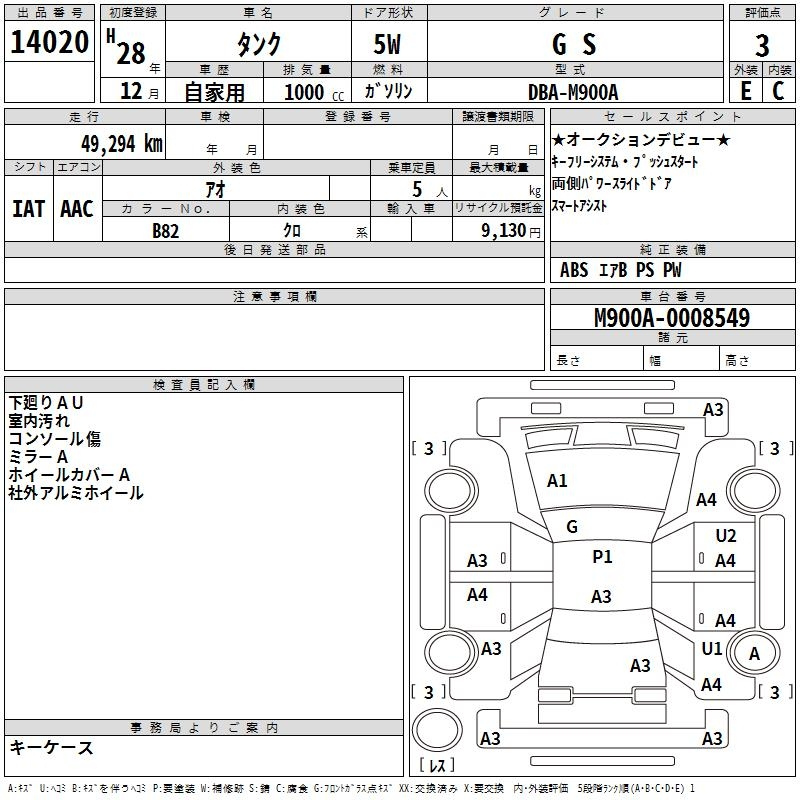 Аукционный лист TOYOTA TANK 2016