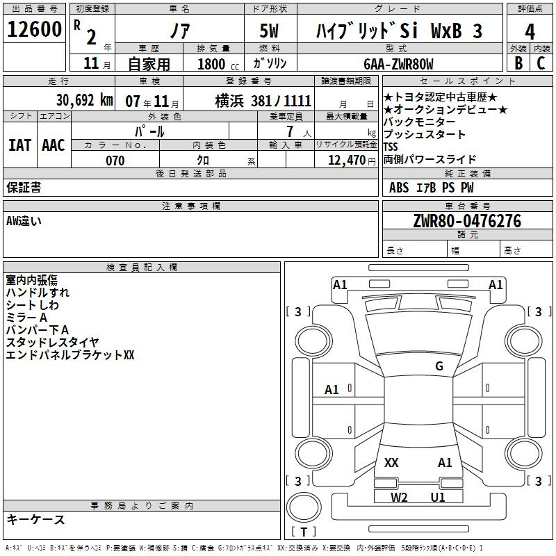 Аукционный лист TOYOTA NOAH 2020