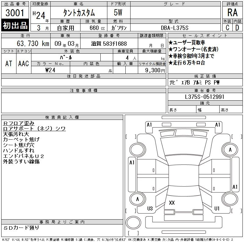Аукционный лист DAIHATSU TANTO 2012