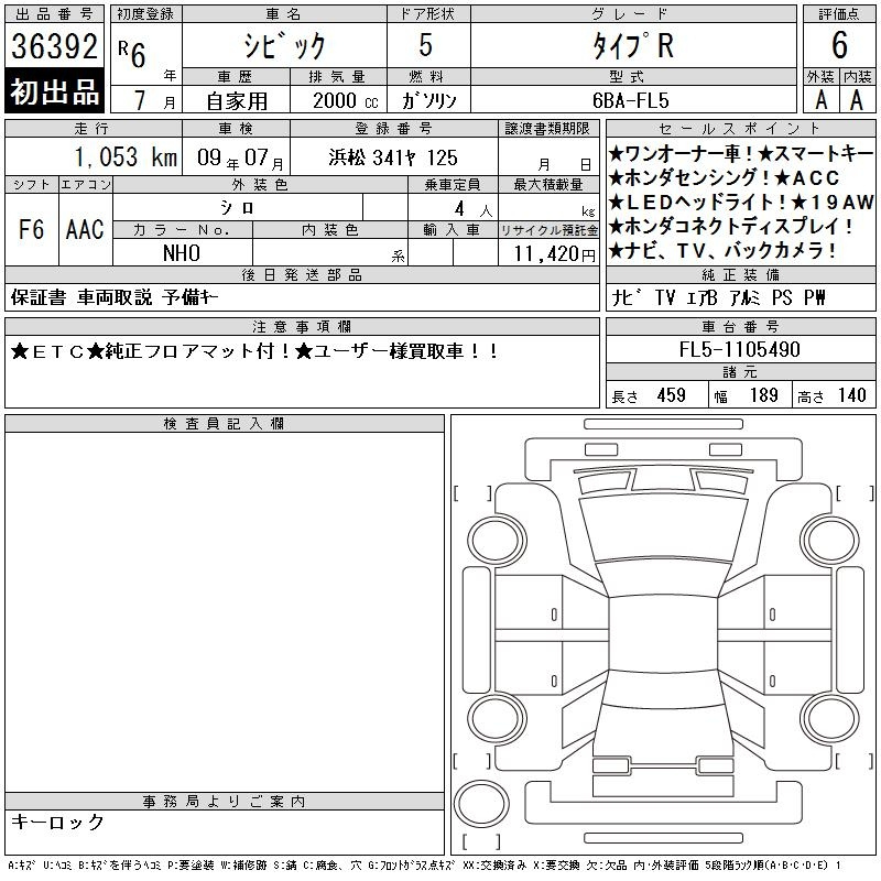 Аукционный лист HONDA CIVIC 2024