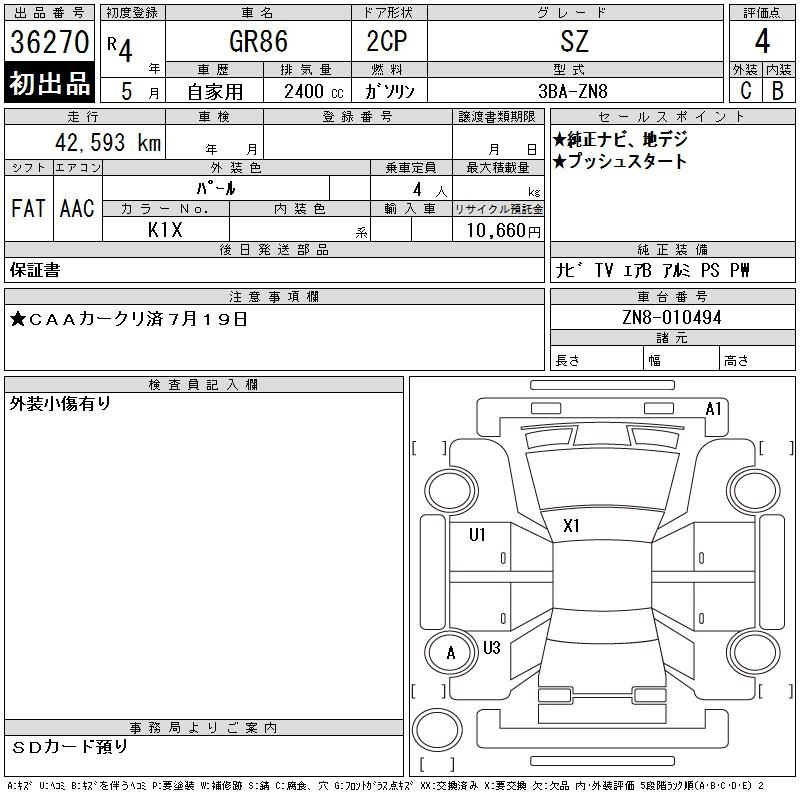Аукционный лист TOYOTA 86 2022
