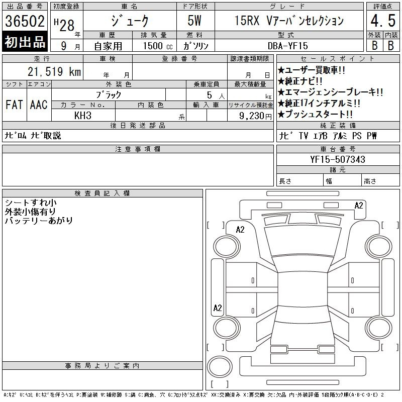 Аукционный лист NISSAN JUKE 2016